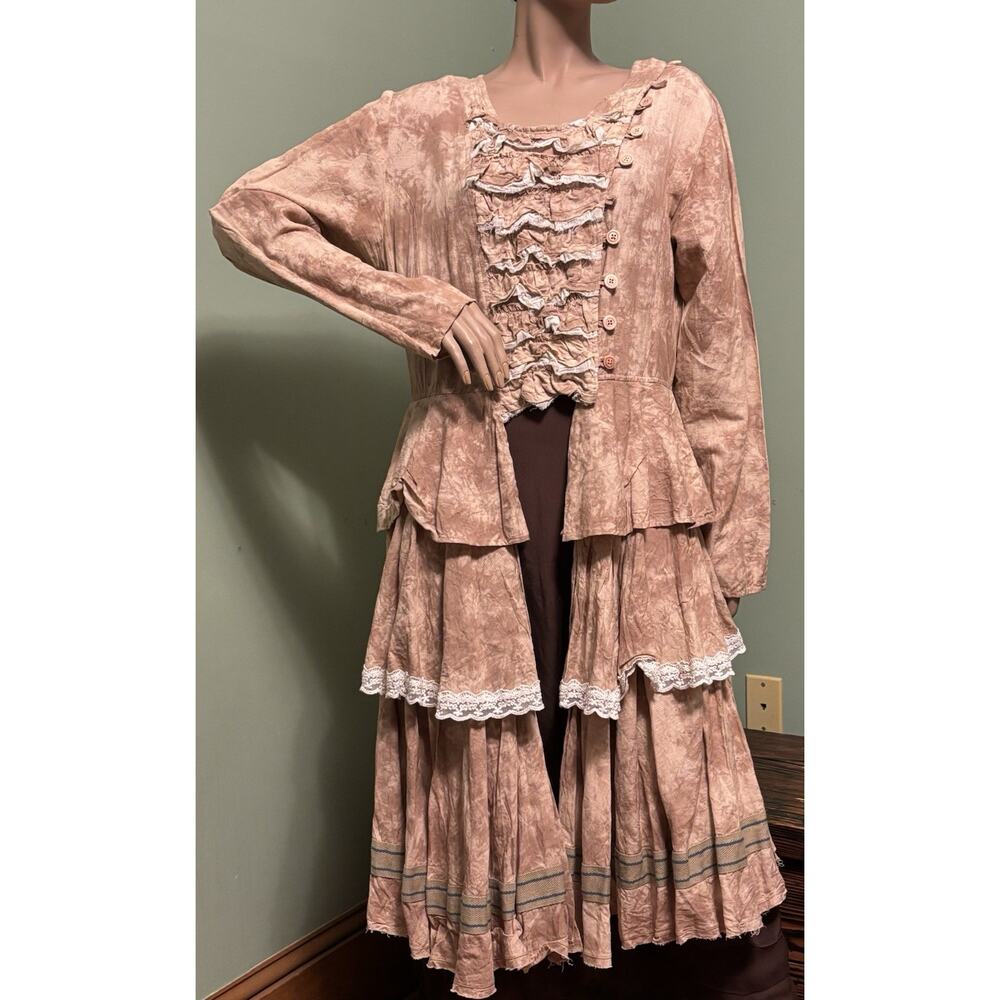 Ewa I Walla Peach Floral Tiered Long Sleeve Linen Victorian Style Overdress Sz L
